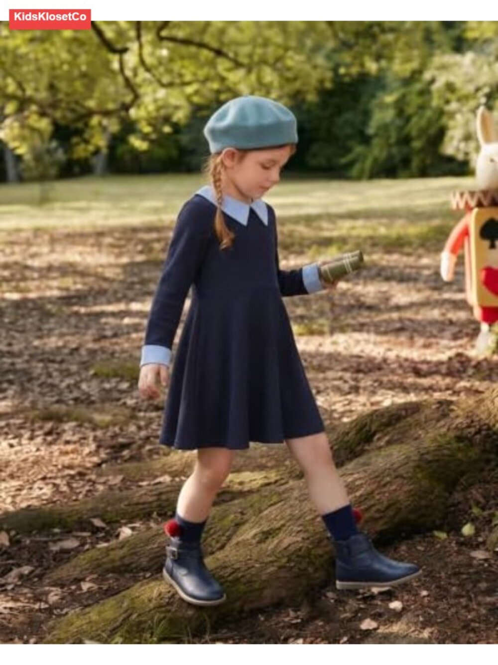 Girls Long Sleeve Fall Winter Dress with Peter Pan Collar - Picture 2 of 6